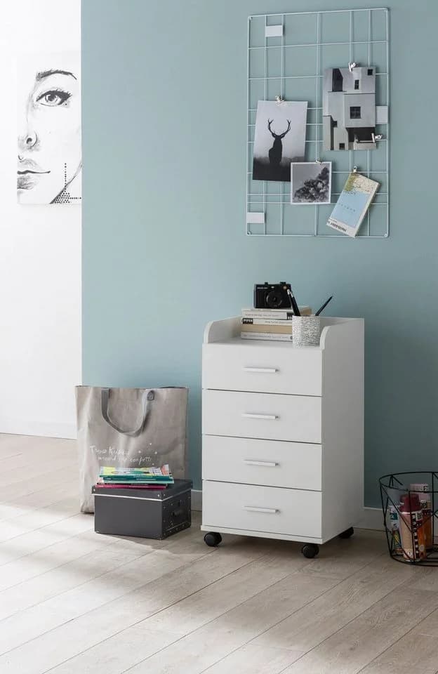 FINEBUY Rollcontainer 4 Schubladen Weiß Modern