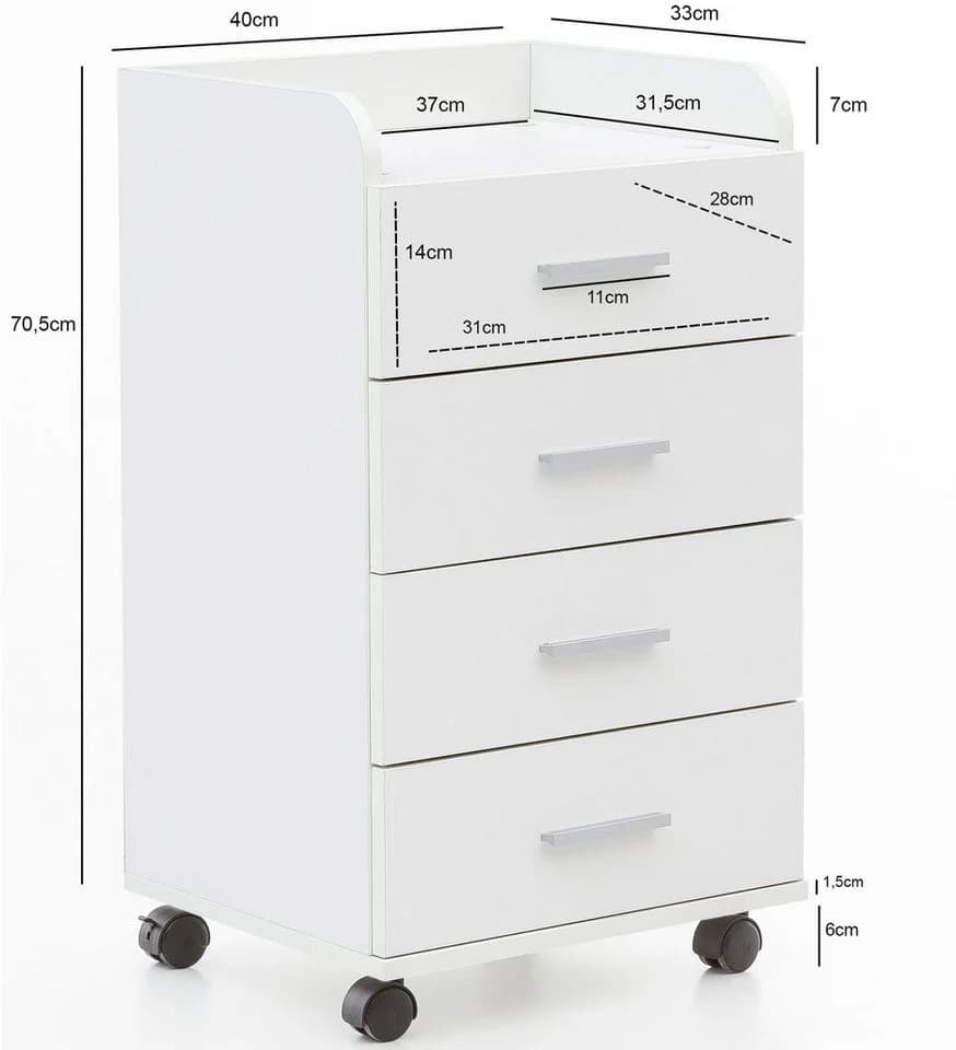 FINEBUY Rollcontainer 4 Schubladen Weiß Modern - Bild 3