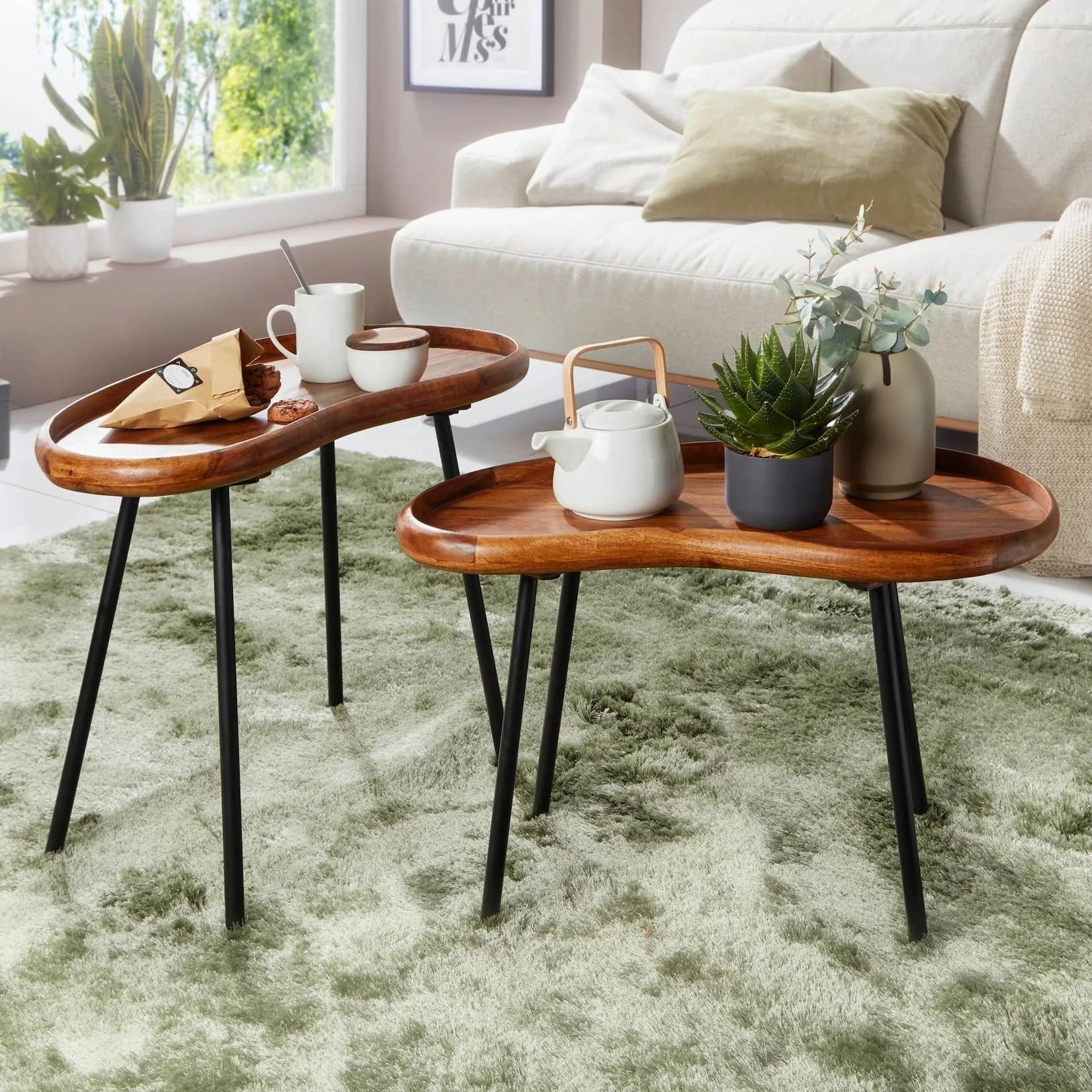 FineBuy Couchtisch 2-teilig Massivholz Retro Nierenform