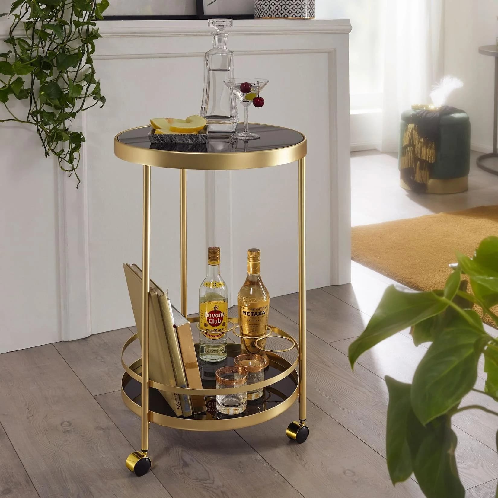 FineBuy Servierwagen Gold Beistelltisch auf Rollen Glas Speisewagen Rund