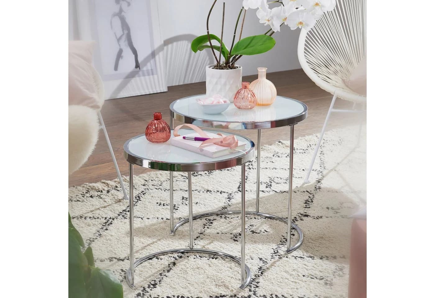 FINEBUY Beistelltisch 2tlg Rund Weiß Glas Silber Modern - Bild 3