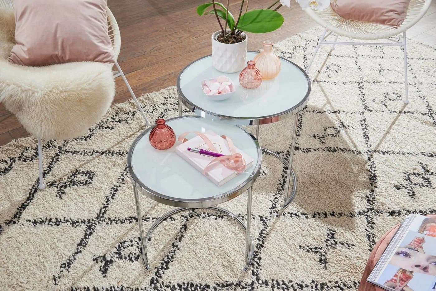 FINEBUY Beistelltisch 2tlg Rund Weiß Glas Silber Modern - Bild 5