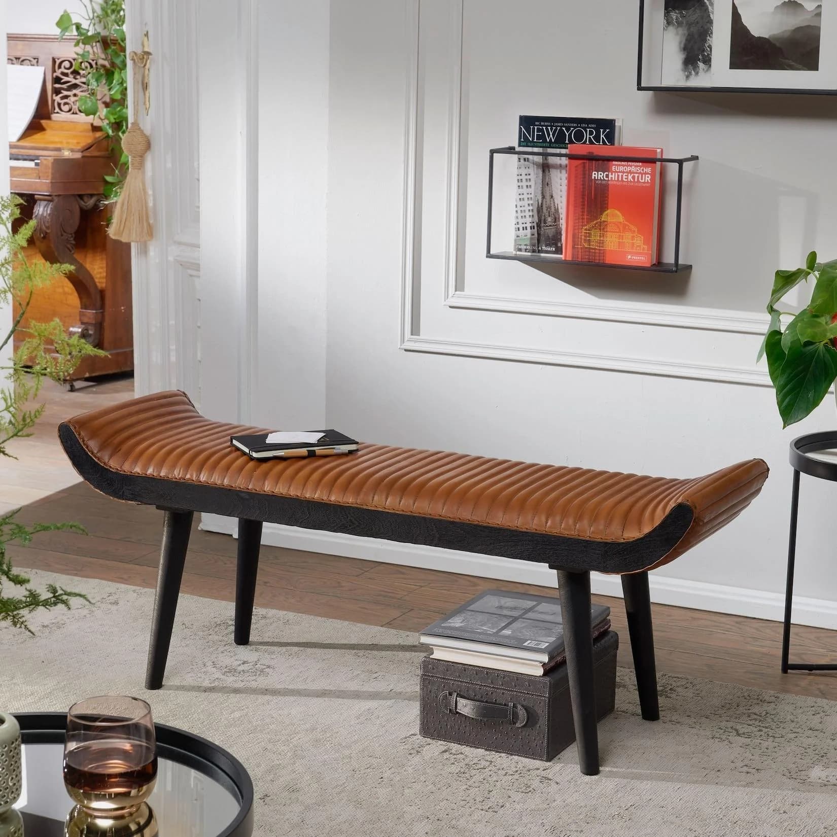 FineBuy Gepolsterte Sitzbank 125cm Echtleder Braun Retro