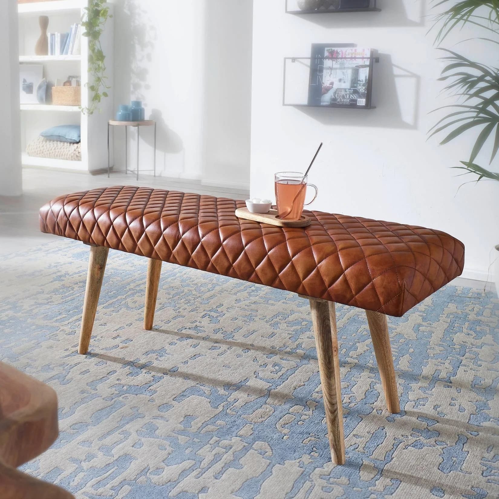 FineBuy Gepolsterte Sitzbank 115cm Echtleder Braun Retro