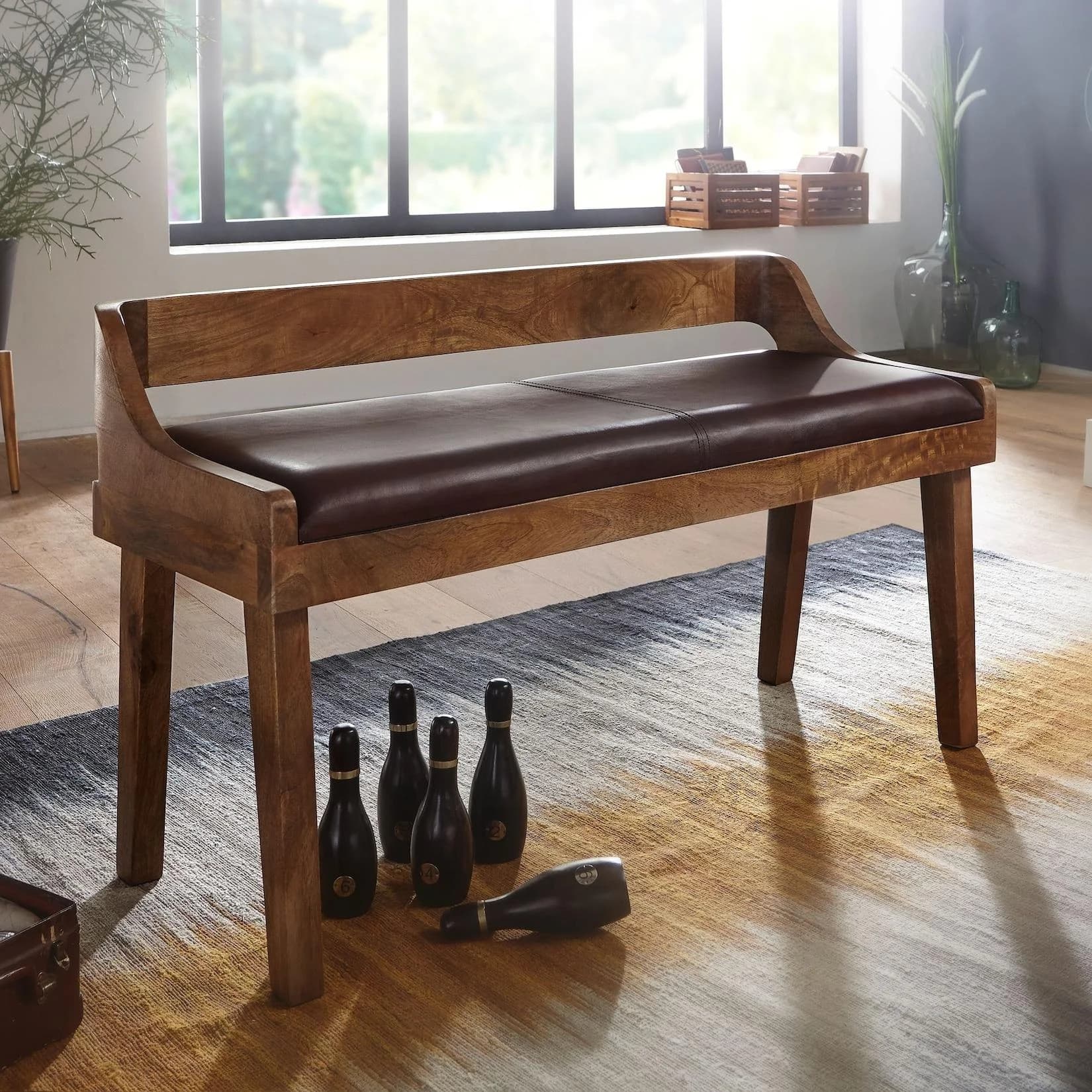 FineBuy Gepolsterte Sitzbank mit Lehne 108cm Massivholz Echtleder