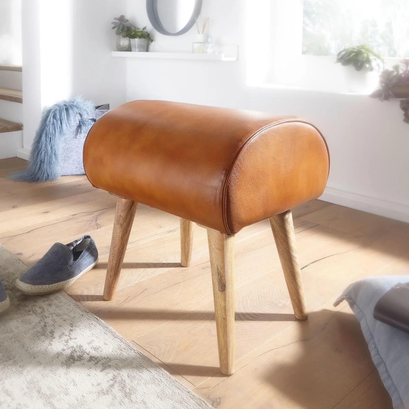 FineBuy Sitzhocker Braun Echtleder Holzhocker Massiv
