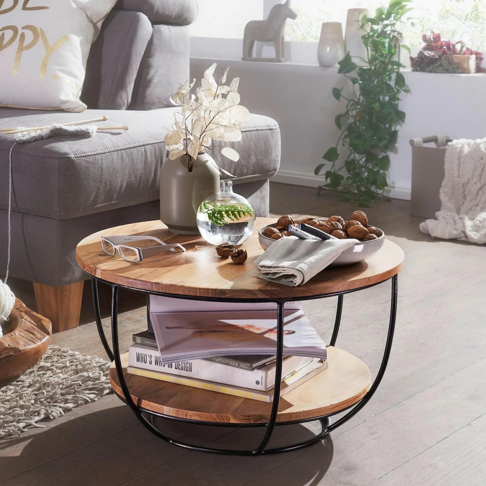 FineBuy Couchtisch Akazie Massivholz Rund 60cm