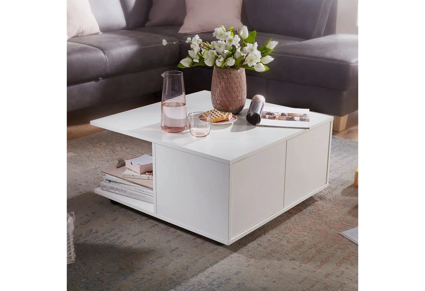 FINEBUY Wohnzimmertisch Weiß mit Schubladen und Fächern - Bild 2