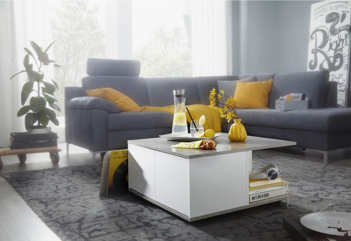 FINEBUY Couchtisch 70x70cm mit 2 Schubladen Zementgrau/Weiß