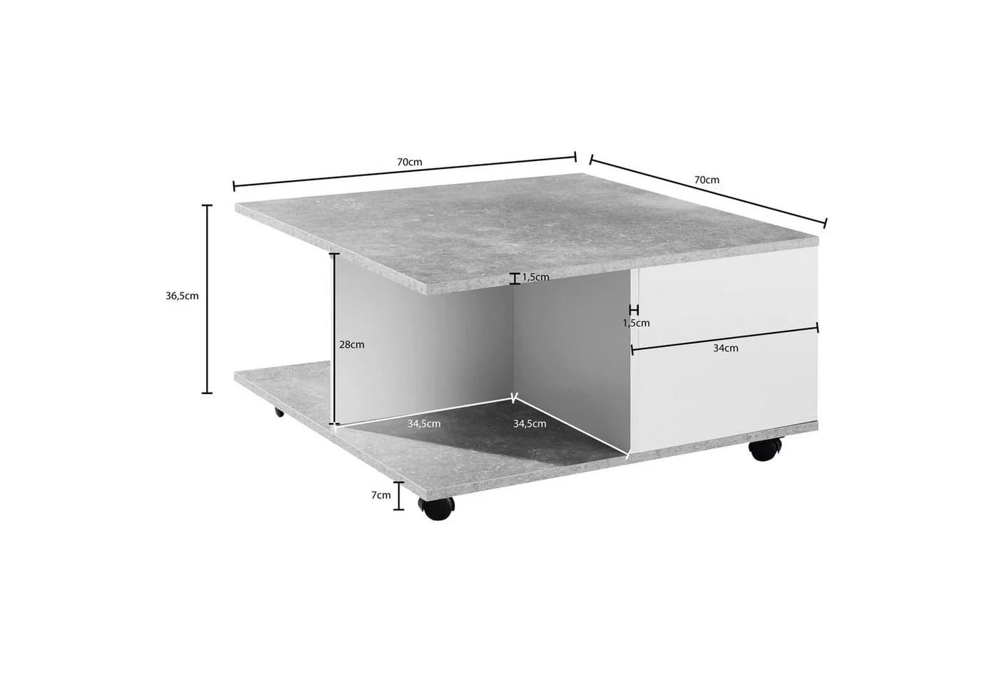 FINEBUY Couchtisch 70x70cm mit 2 Schubladen Zementgrau/Weiß - Bild 3