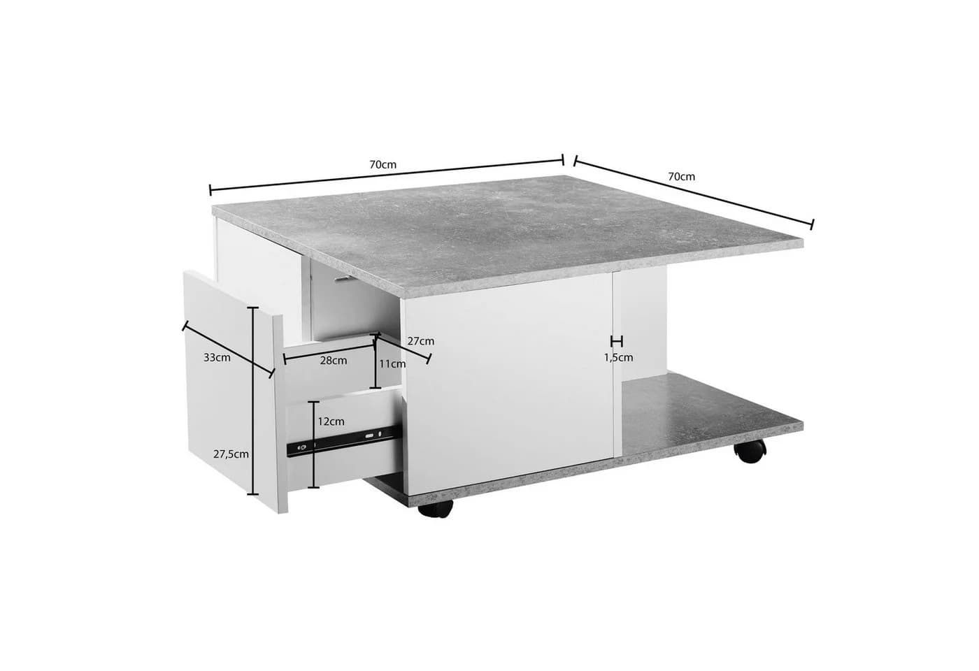 FINEBUY Couchtisch 70x70cm mit 2 Schubladen Zementgrau/Weiß - Bild 4