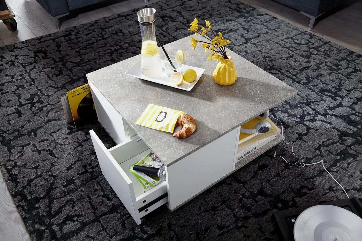 FINEBUY Couchtisch 70x70cm mit 2 Schubladen Zementgrau/Weiß - Bild 5