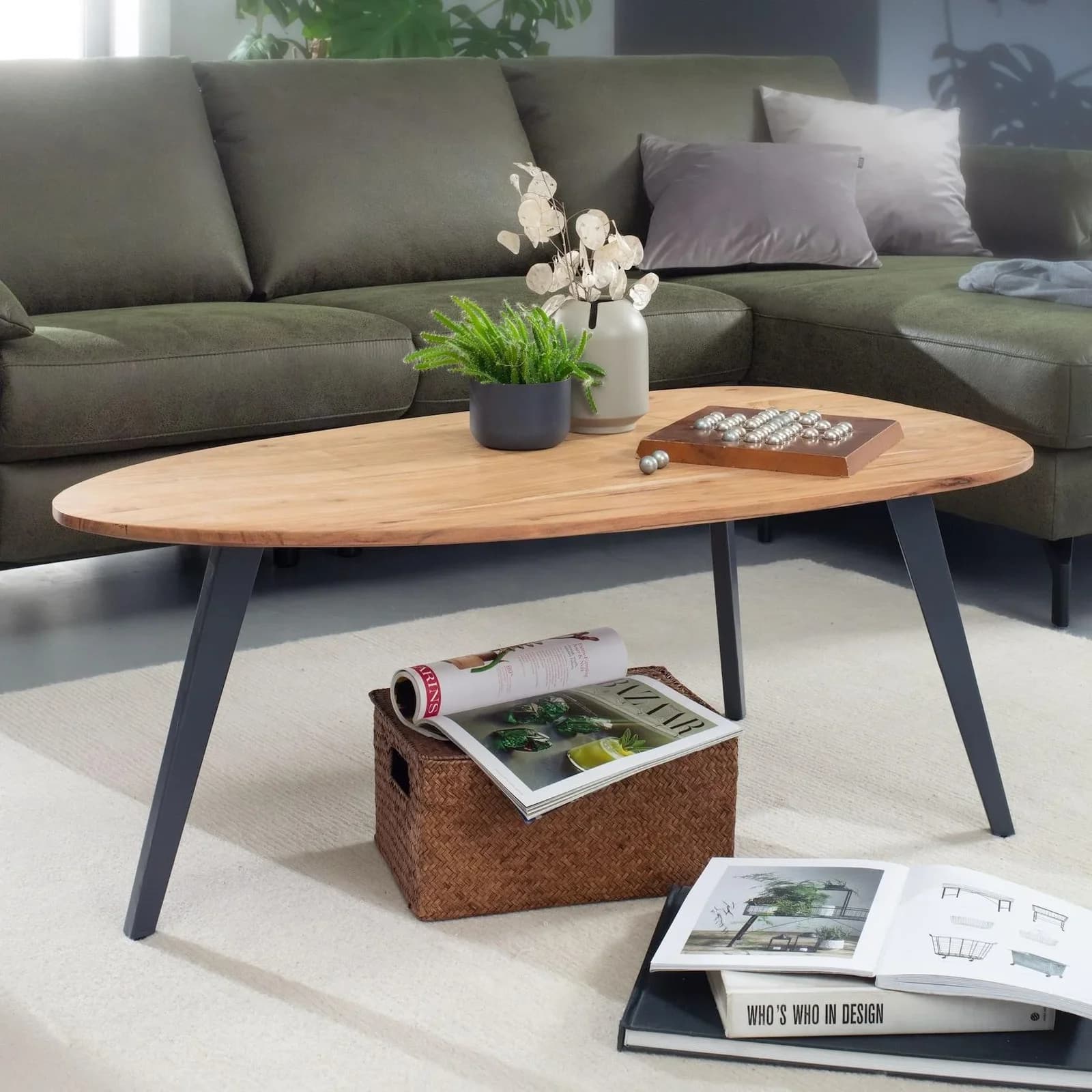 FINEBUY Couchtisch Akazie Massivholz Oval 110 cm
