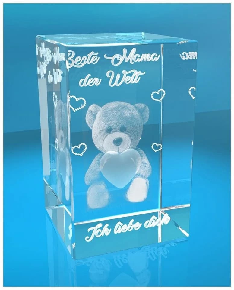 Dekofigur 3D Glas Kristall Beste Mama der Welt Teddy Ich liebe dich, Hochwertige Geschenkbox, Made in Germany, Familienbetrieb