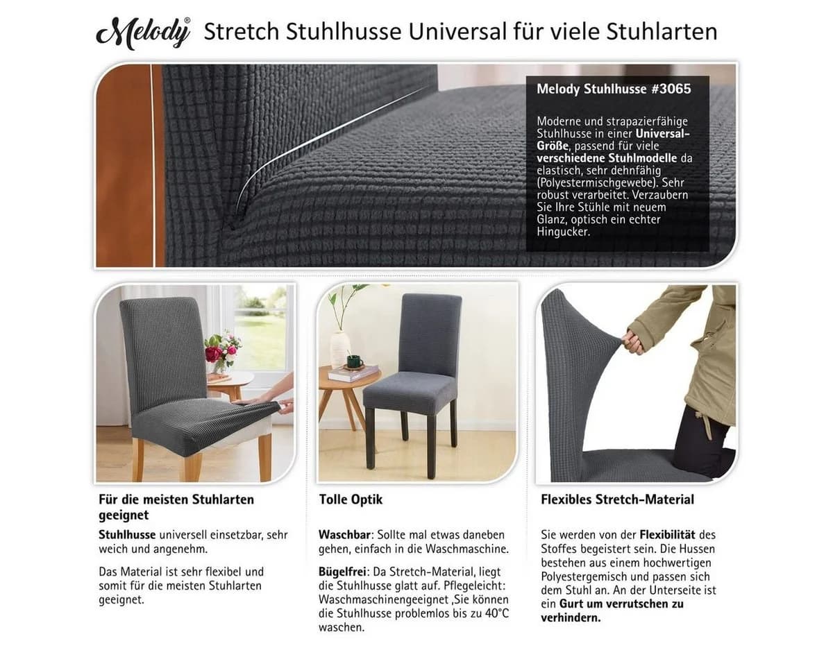 Melody Stuhlhusse Grau Universal Stretch Stuhlbezug