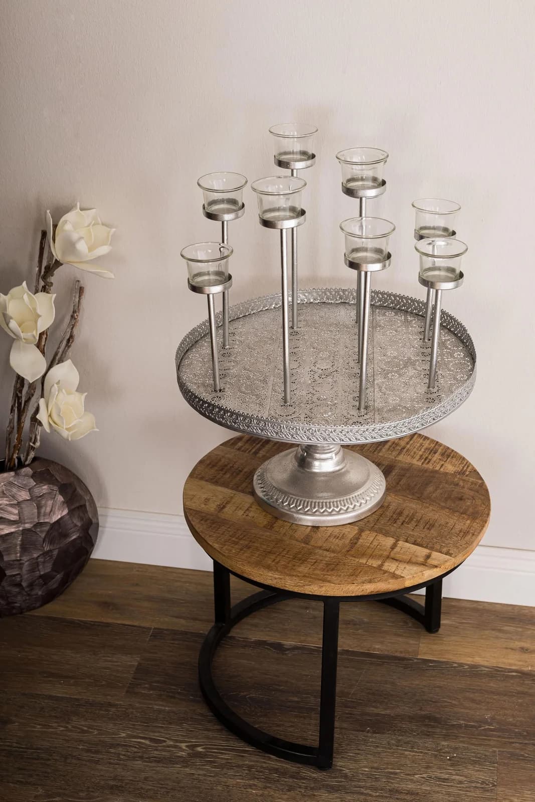 MyFlair Tablett Muki Silber mit 8 Teelichthaltern Metall