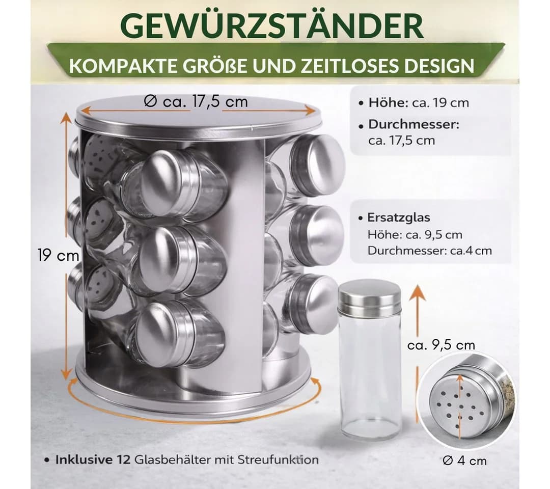 Topanbieter999 Gewürzregal Set 12 Gläser drehbar silber - Bild 3