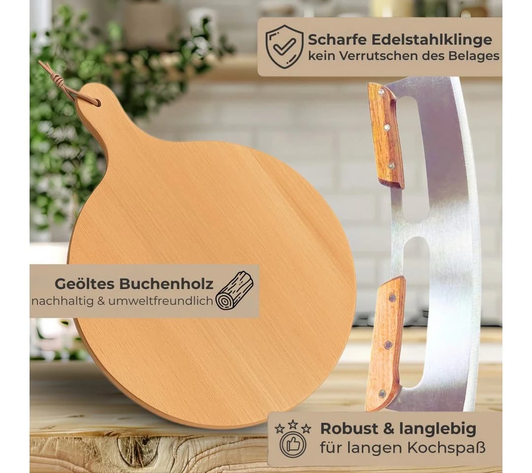 Topanbieter999 Pizzaschneider Set mit Pizzabrett, Buchenholz & Edelstahl - Bild 5