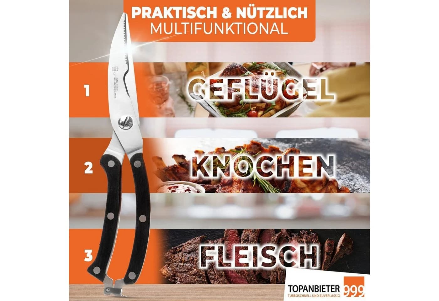 Topanbieter999 Universalschere Küchenschere Edelstahl Silber