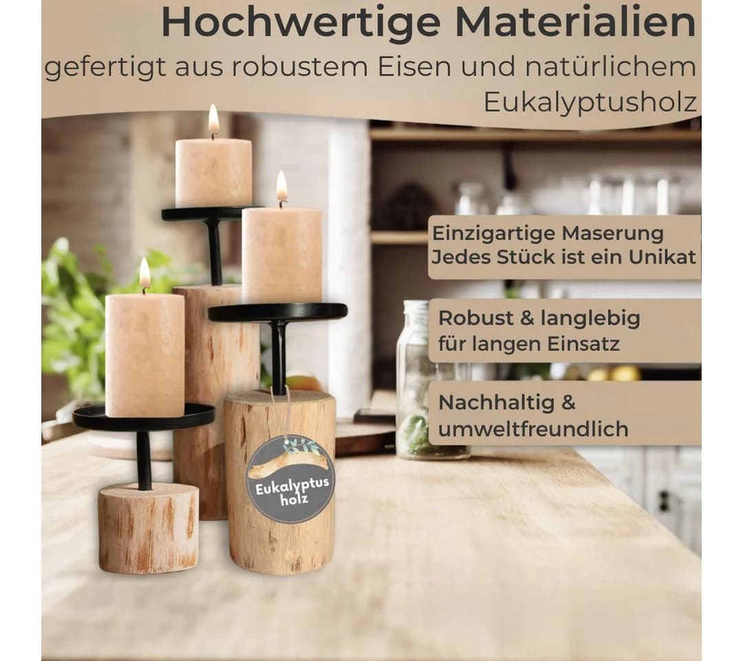 Topanbieter999 Kerzenständer 3er Set Schwarz/Braun Holz Metall - Bild 3