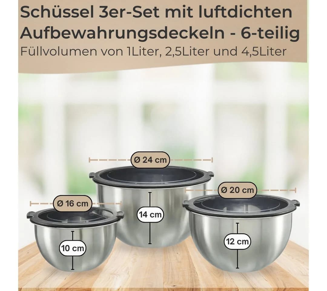 Topanbieter999 Rührschüssel-Set 3-tlg. Edelstahl mit Deckel