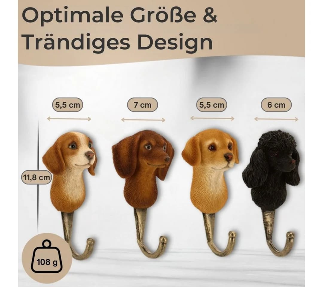 Topanbieter999 Garderobenhaken Hundekopf 4er Set Polyresin Zinklegierung