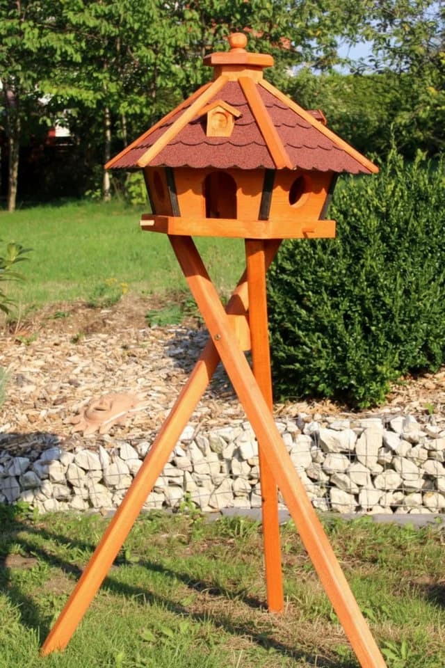 Holzdekoladen Vogelhaus XL 6-eckig & wetterfest mit Ständer wählbar