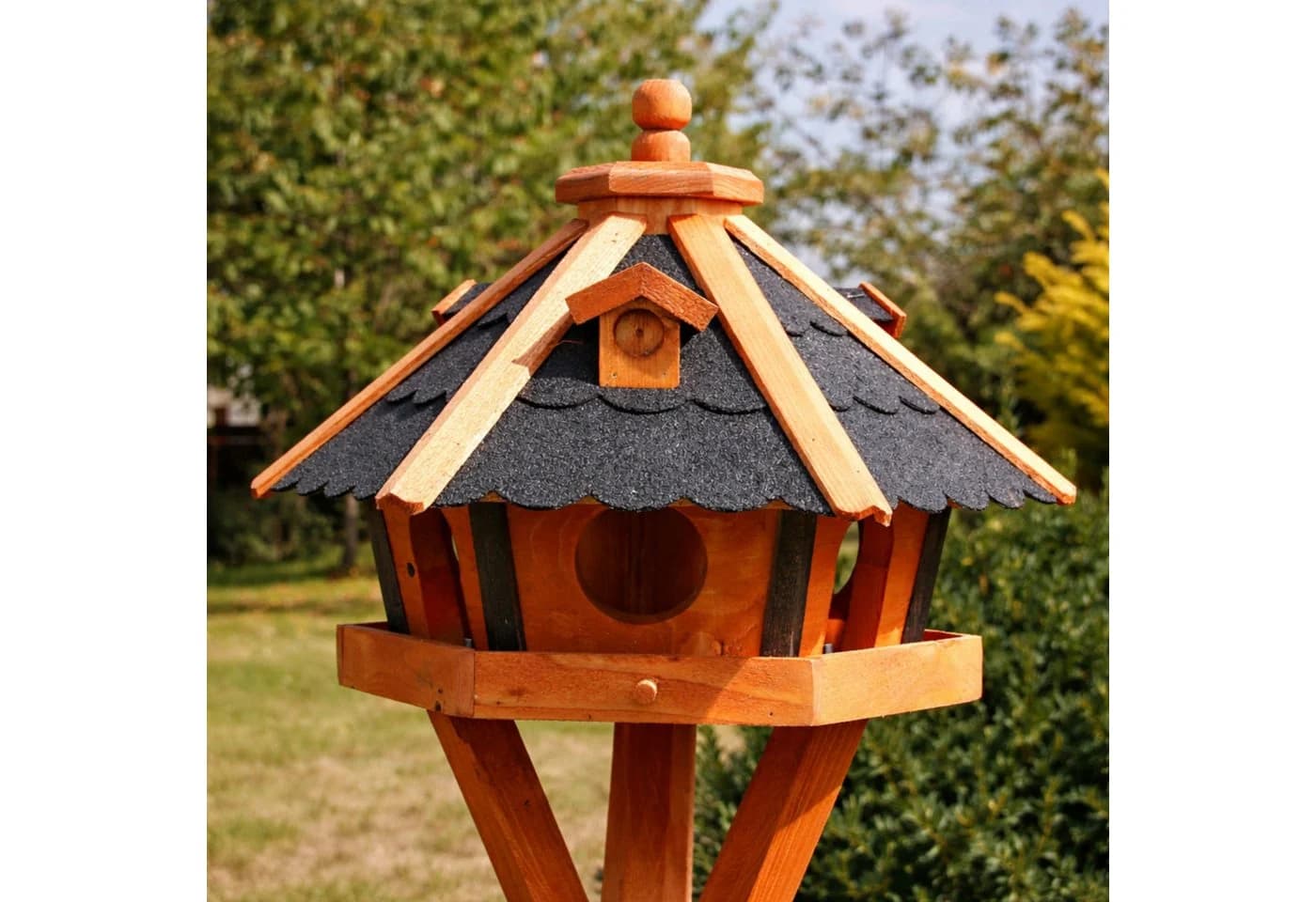 Vogelhaus aus Holz wetterfest mit Futterautomat & Ständer