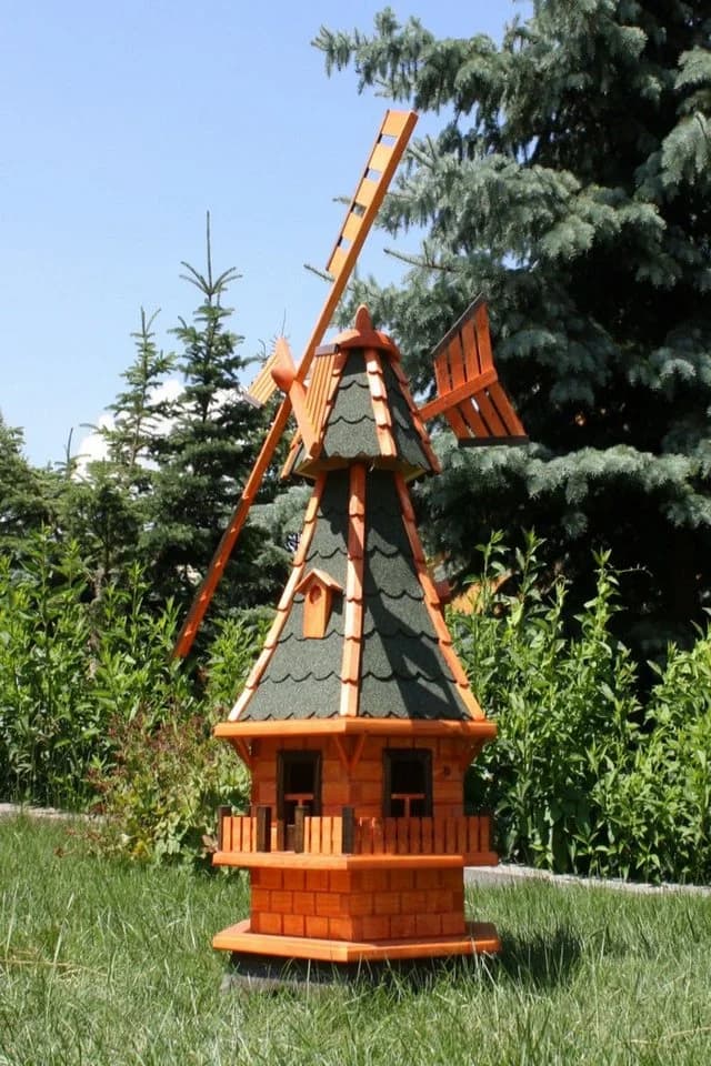 Holzdekoladen Deko-Windrad Gartenwindmühle aus Holz mit Solarbeleuchtung