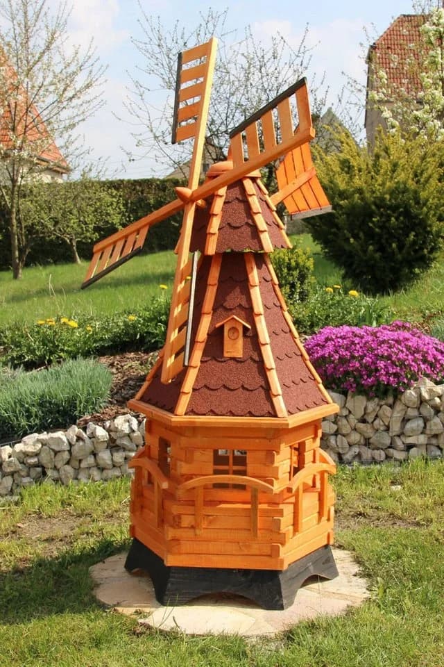 Holländische Gartenwindmühle Holz 135 cm mit Gauben & Solarlicht