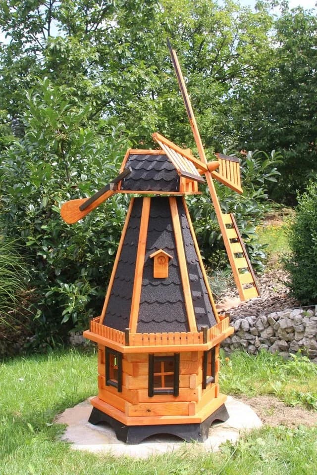 Holzdekoladen 6-eckige Gartenwindmühle Holz Schwarz Solarlicht