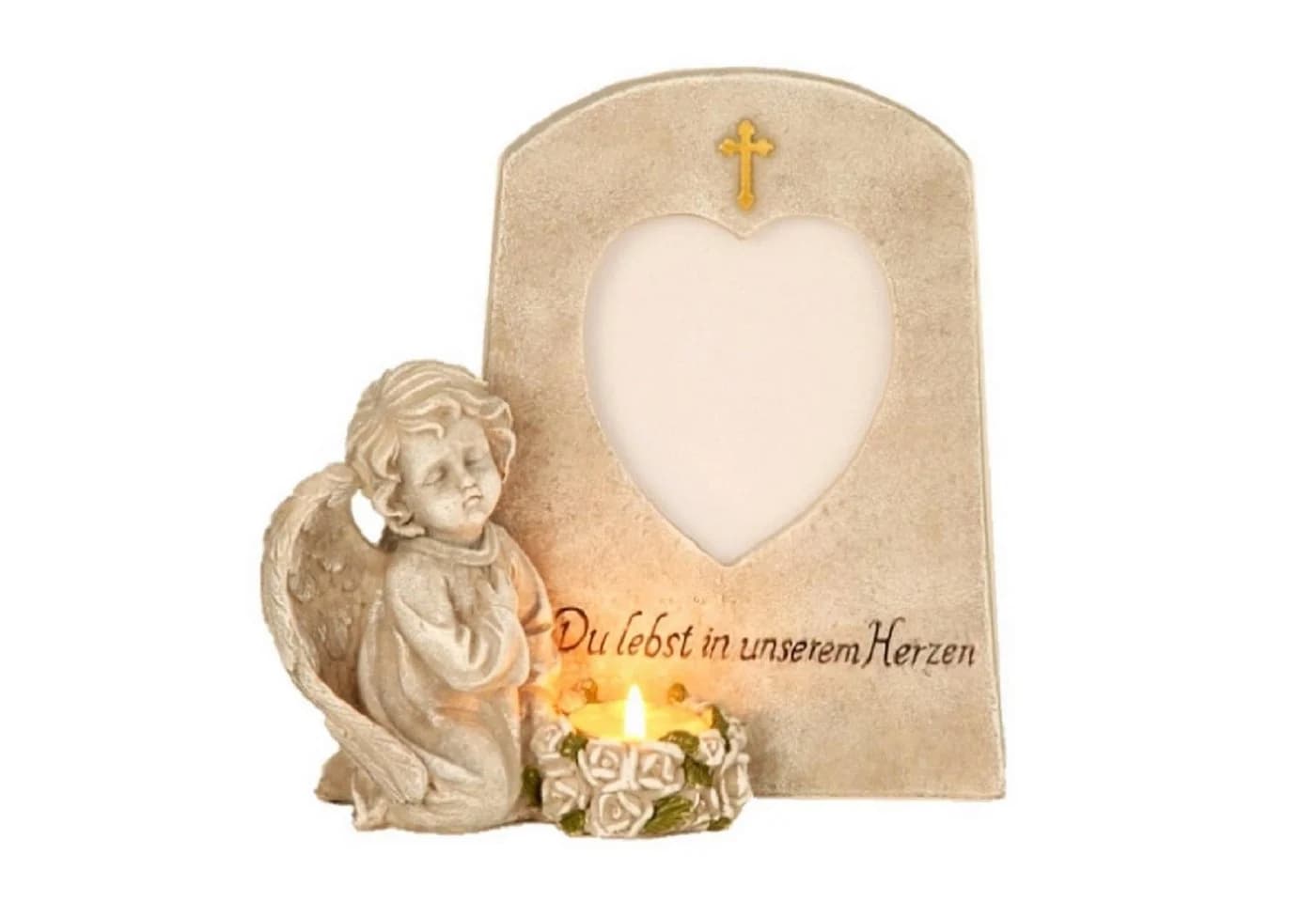 Geschenkestadl Gedenkstein Engel mit Herz-Bilderrahmen und Teelichthalter - Bild 2