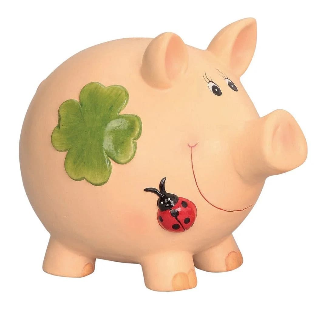 Geschenkestadl Spardose XXL Sparschwein 31 cm Kleeblatt Marienkäfer Keramik