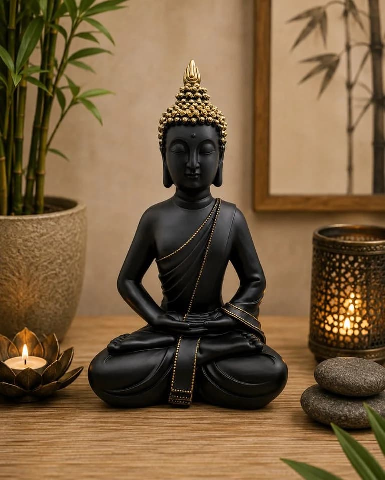Geschenkestadl Buddha Figur 30 cm Schwarz Gold Zen Deko