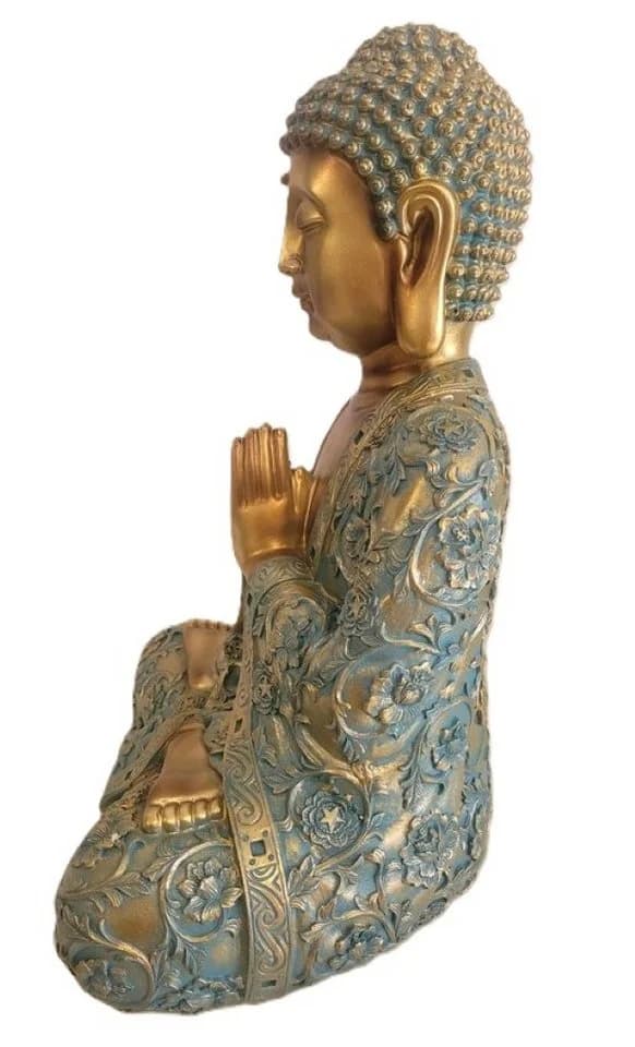 Geschenkestadl Buddha Figur groß 41,5cm Türkis Gold betende Hände