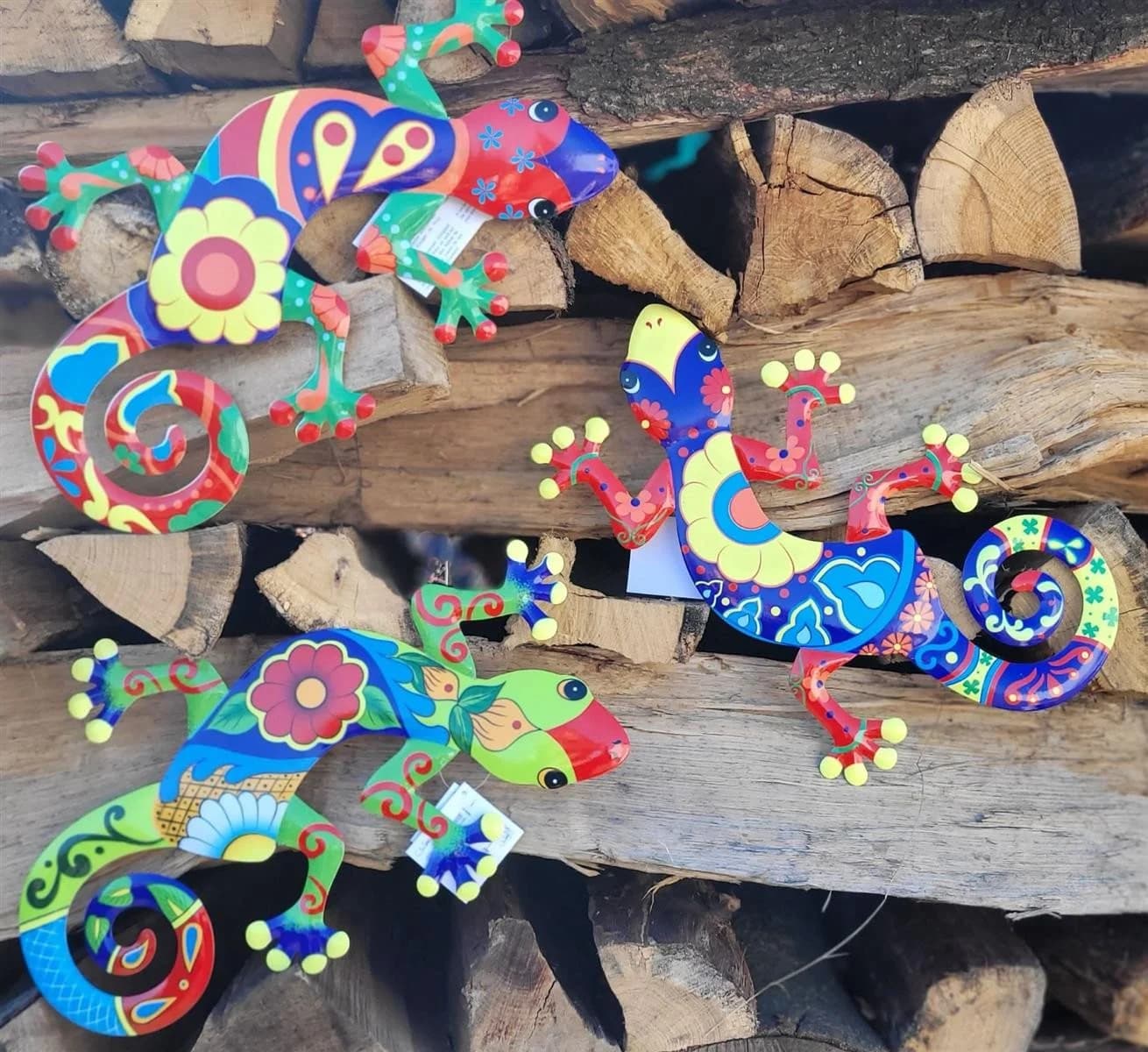 Geschenkestadl 3er Set Bunte Gecko Metallfigur Wanddekoration