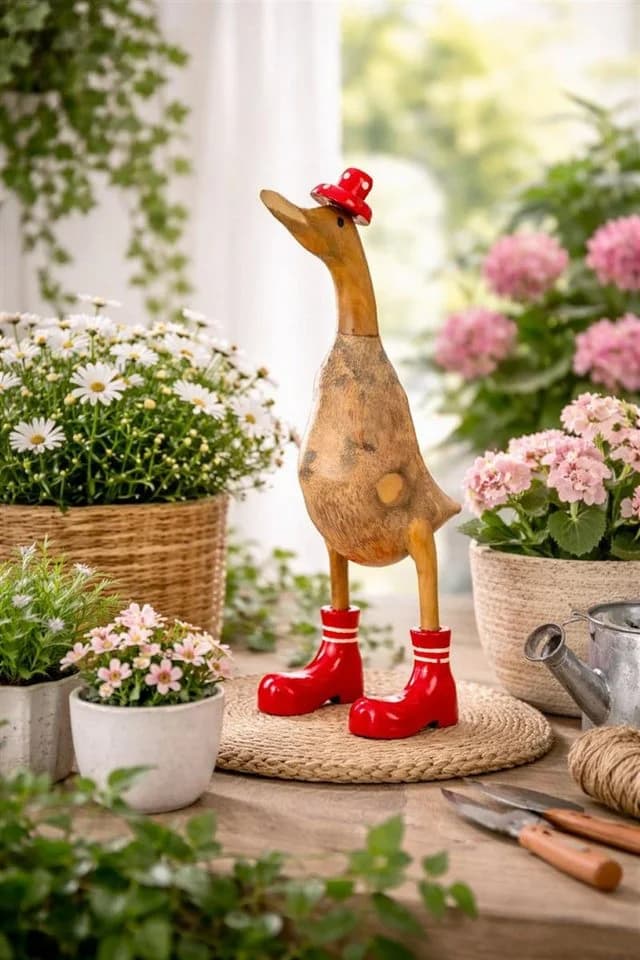 Geschenkestadl Bali Ente Dekofigur Holz mit Stiefeln oder Badelatschen