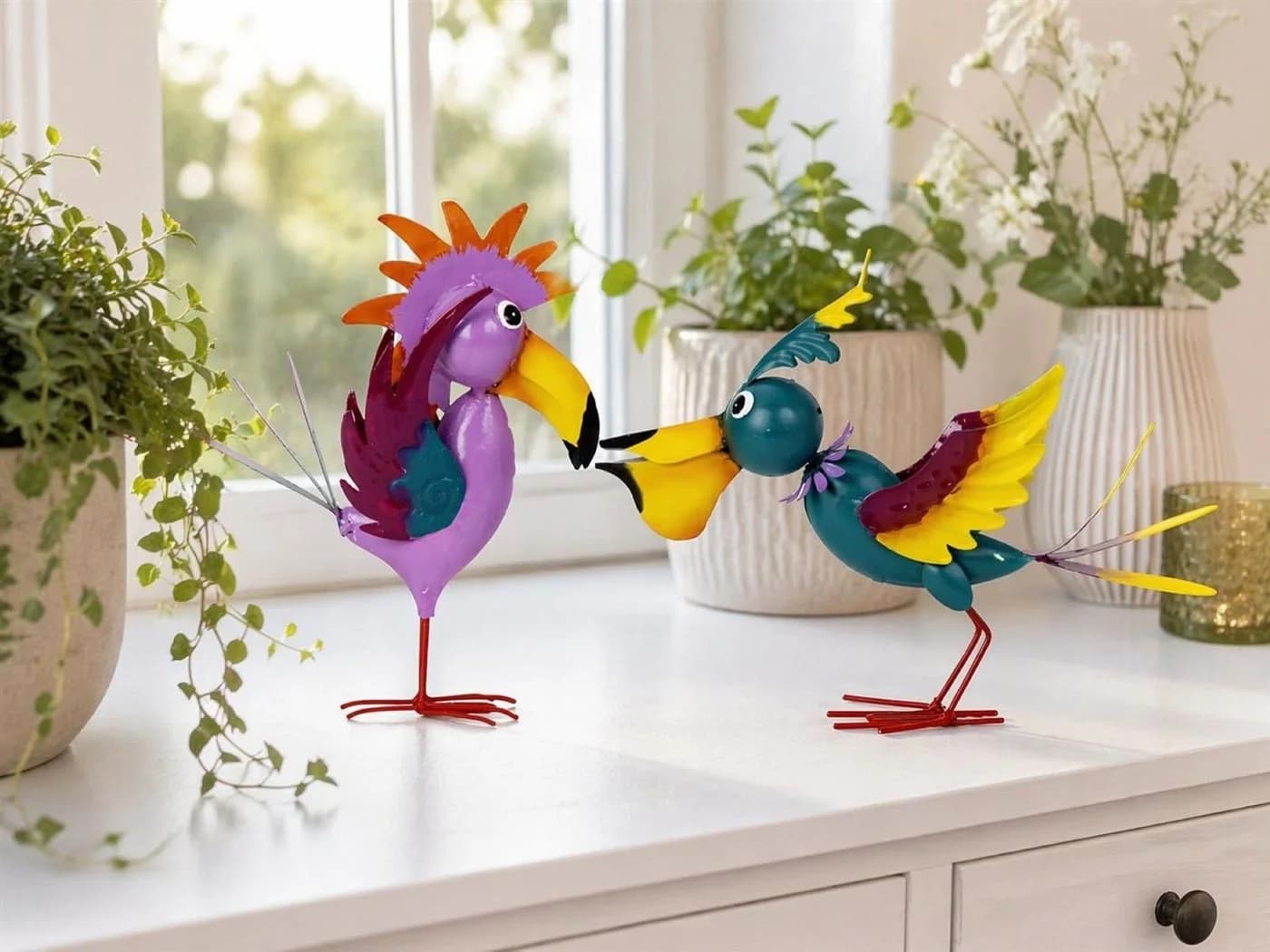 Geschenkestadl Bunte Metall-Vögel 2er Set Dekofigur Modern