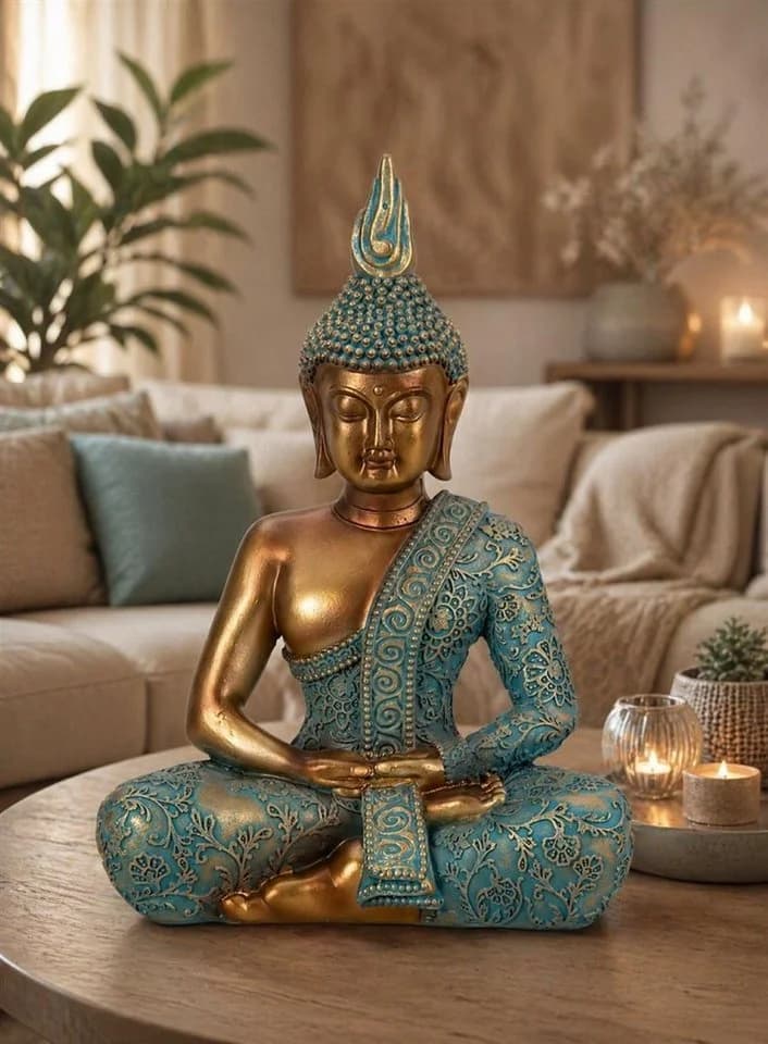 Geschenkestadl Buddha Figur 25cm Gold-Türkis Deko Meditation