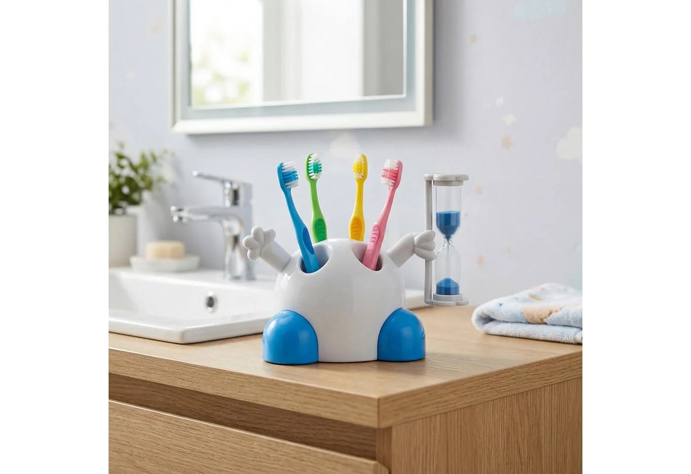 Lantelme Zahnbürstenhalter Kinder Weiß-Blau mit Sanduhr 3 Min