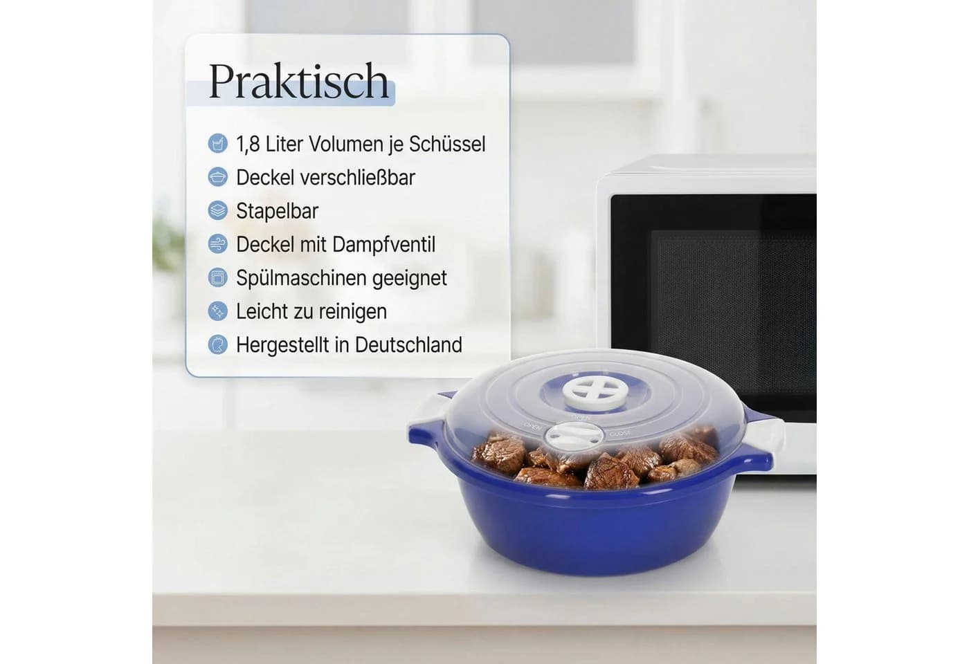 Lantelme Mikrowellenschüssel 2-tlg. Blau mit Deckel & Dampfventil