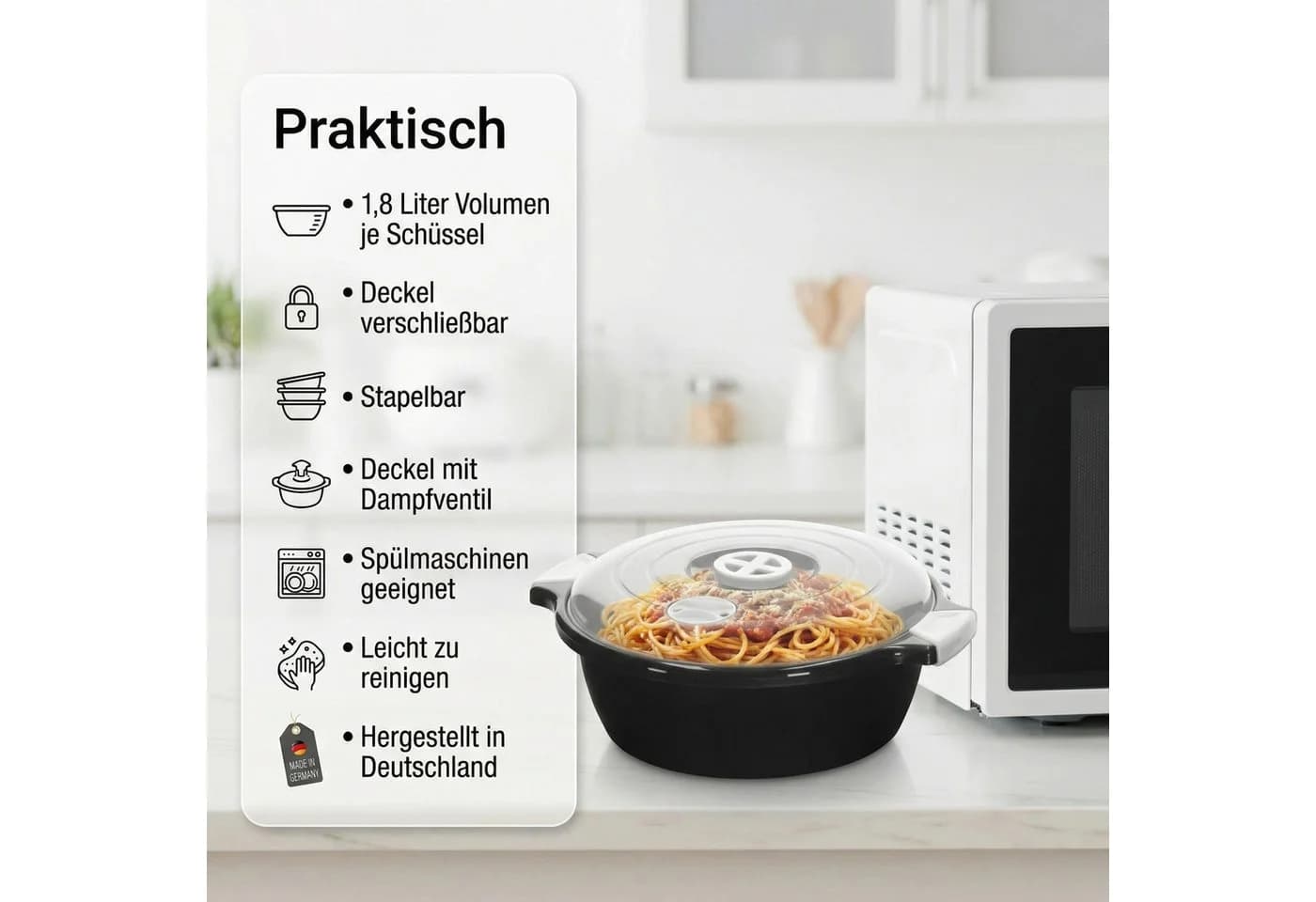 Lantelme Mikrowellenschüssel 1,8 Liter Schwarz Stapelbar - Bild 3
