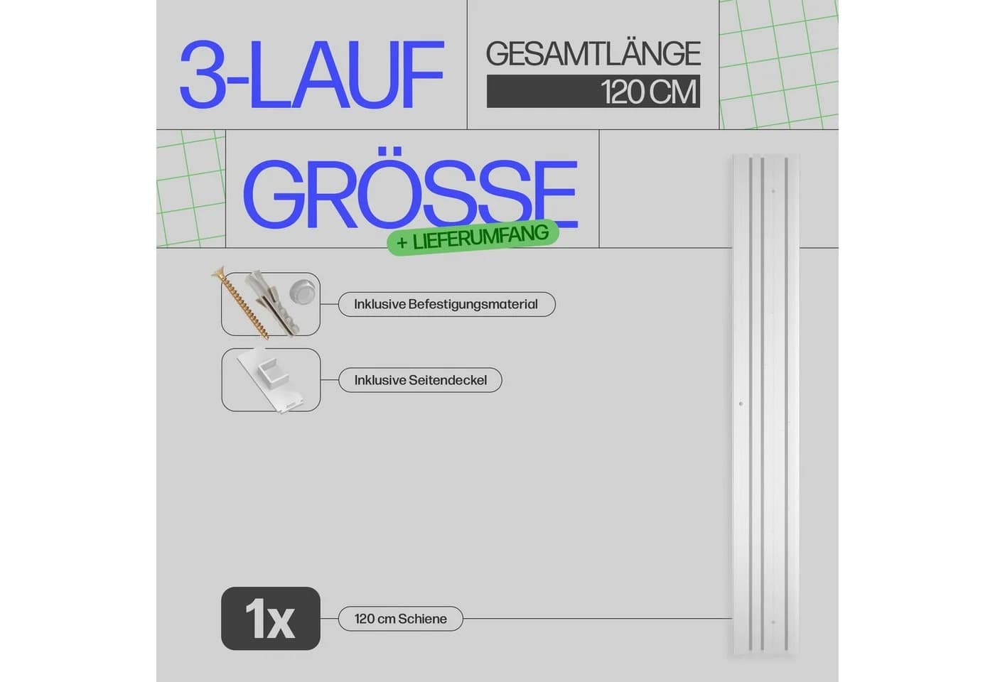 Bestlivings Innenlaufschiene für Gardinen 90 cm bis 480 cm, Komplettset, 3-läufig, mit Bohren, verschraubt, Kunststoff, flach, weiß