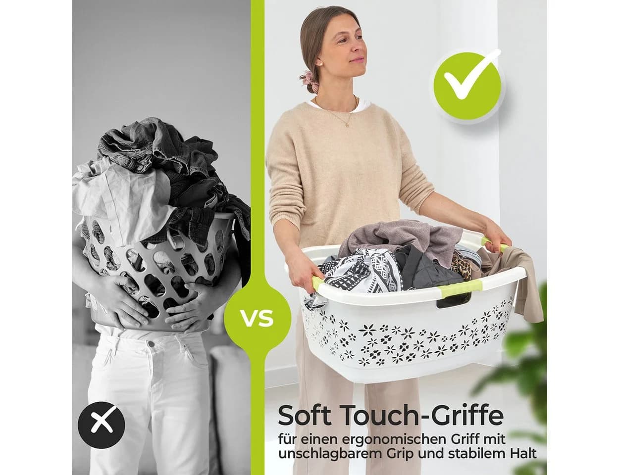 KiNDERWELT Wäschekorb Premium 50 L Weiß/Grün Ergonomisch