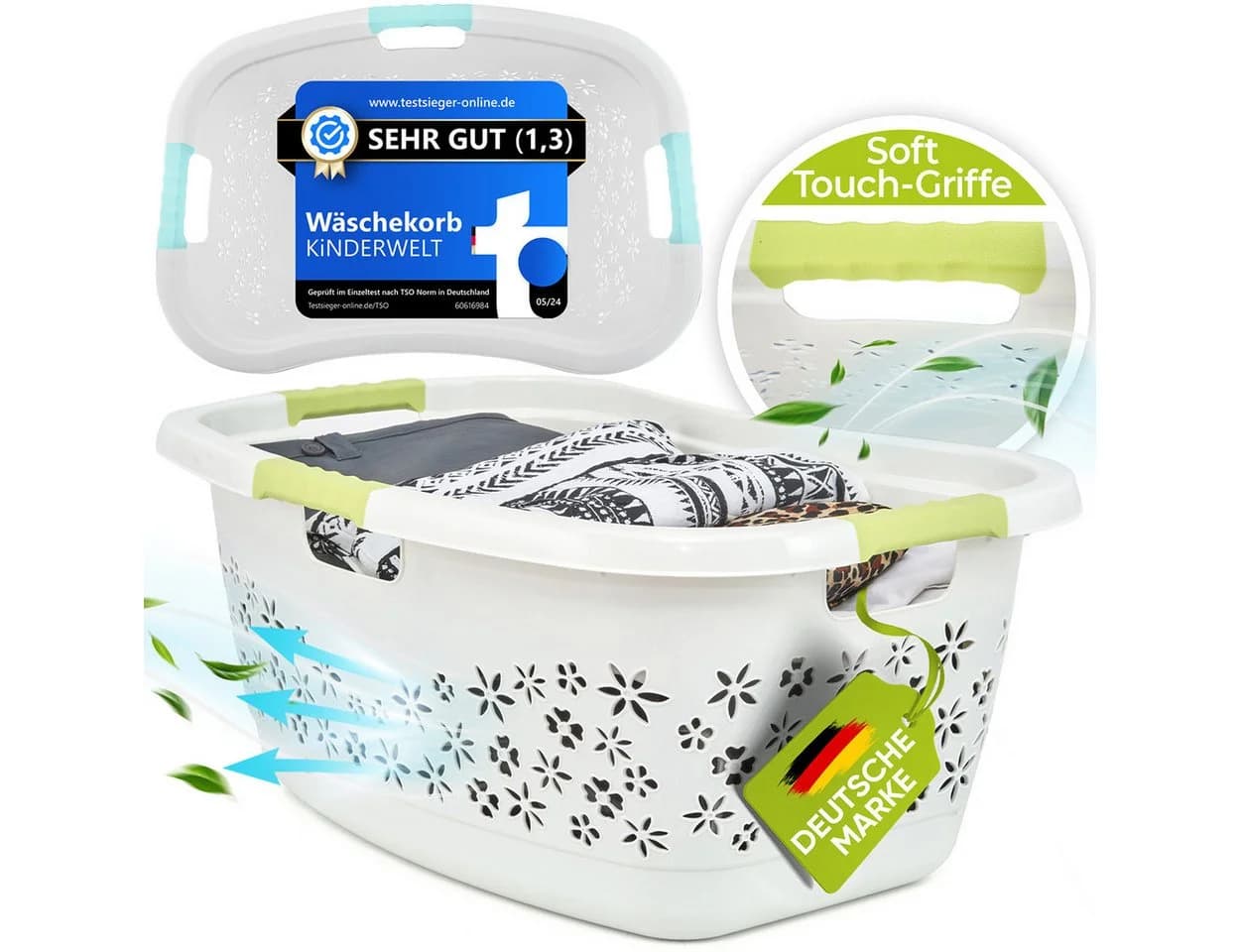 KiNDERWELT Wäschekorb Premium 50 L Weiß/Grün Ergonomisch - Bild 2