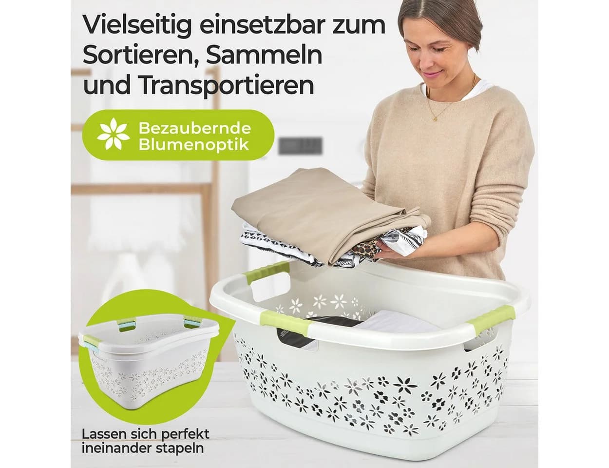 KiNDERWELT Wäschekorb Premium 50 L Weiß/Grün Ergonomisch - Bild 4