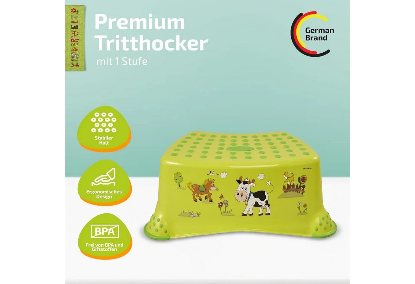 Funny Farm Tritthocker für Kinder Grün Stabil mit Anti-Rutsch-Funktion