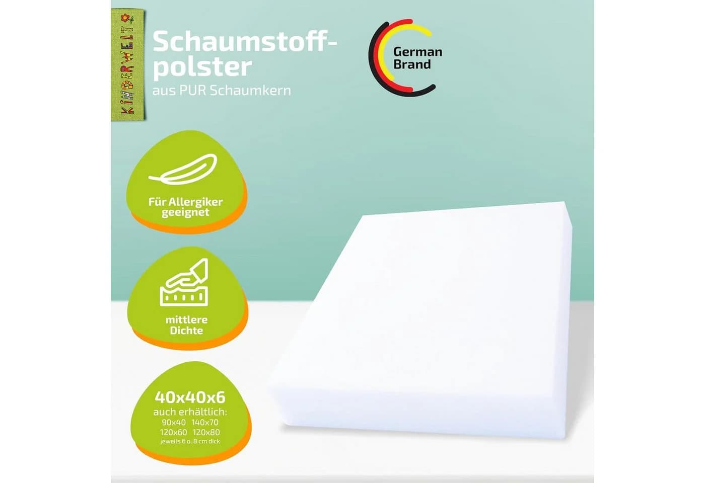 KiNDERWELT Schaumstoffpolster 40x40x6 cm zuschneidbar