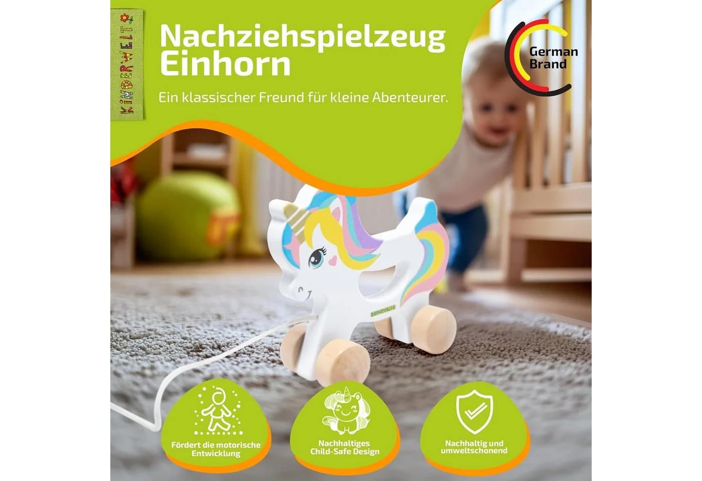 KiNDERWELT Nachziehspielzeug Einhorn aus Holz