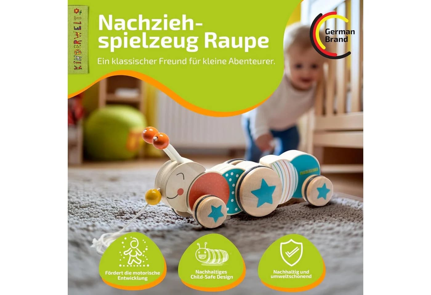 KiNDERWELT Stoffpuppe Nachziehspielzeug Raupe aus Holz Bunt